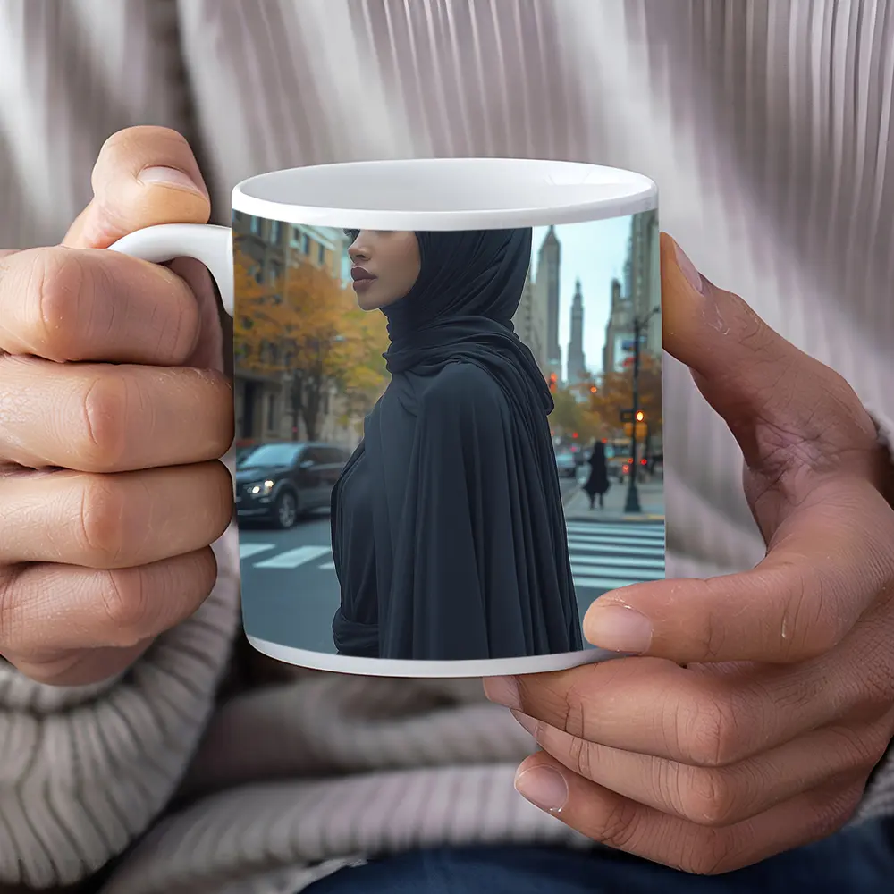 Woman Black Hijab Abaya City Street – Mugs