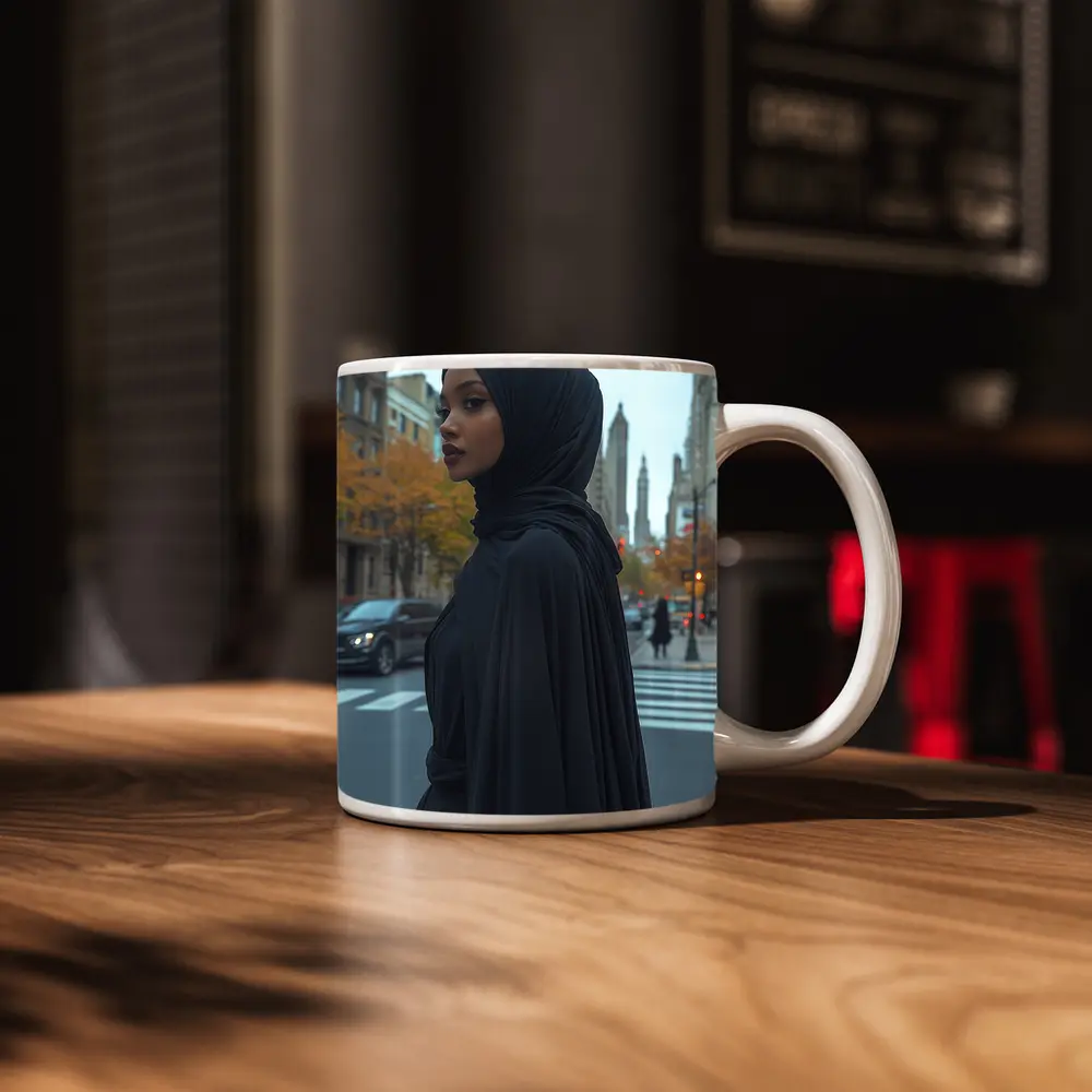 Woman Black Hijab Abaya City Street – Mugs