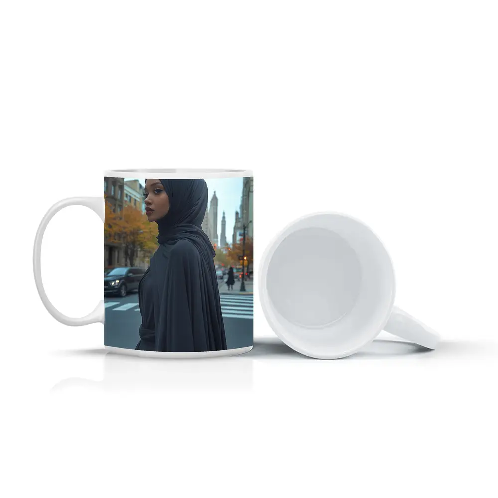Woman Black Hijab Abaya City Street – Mugs