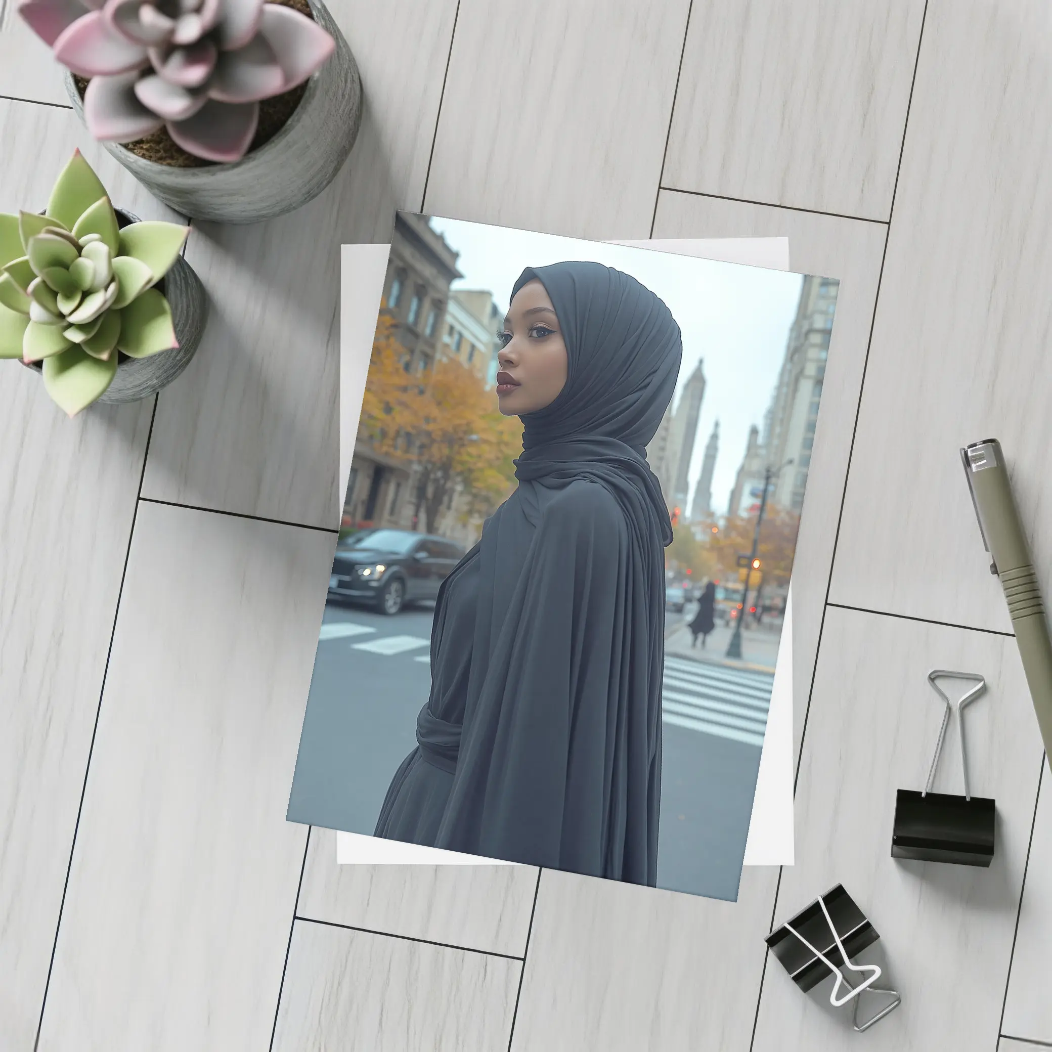 Woman Black Hijab Abaya City Street – Postcards