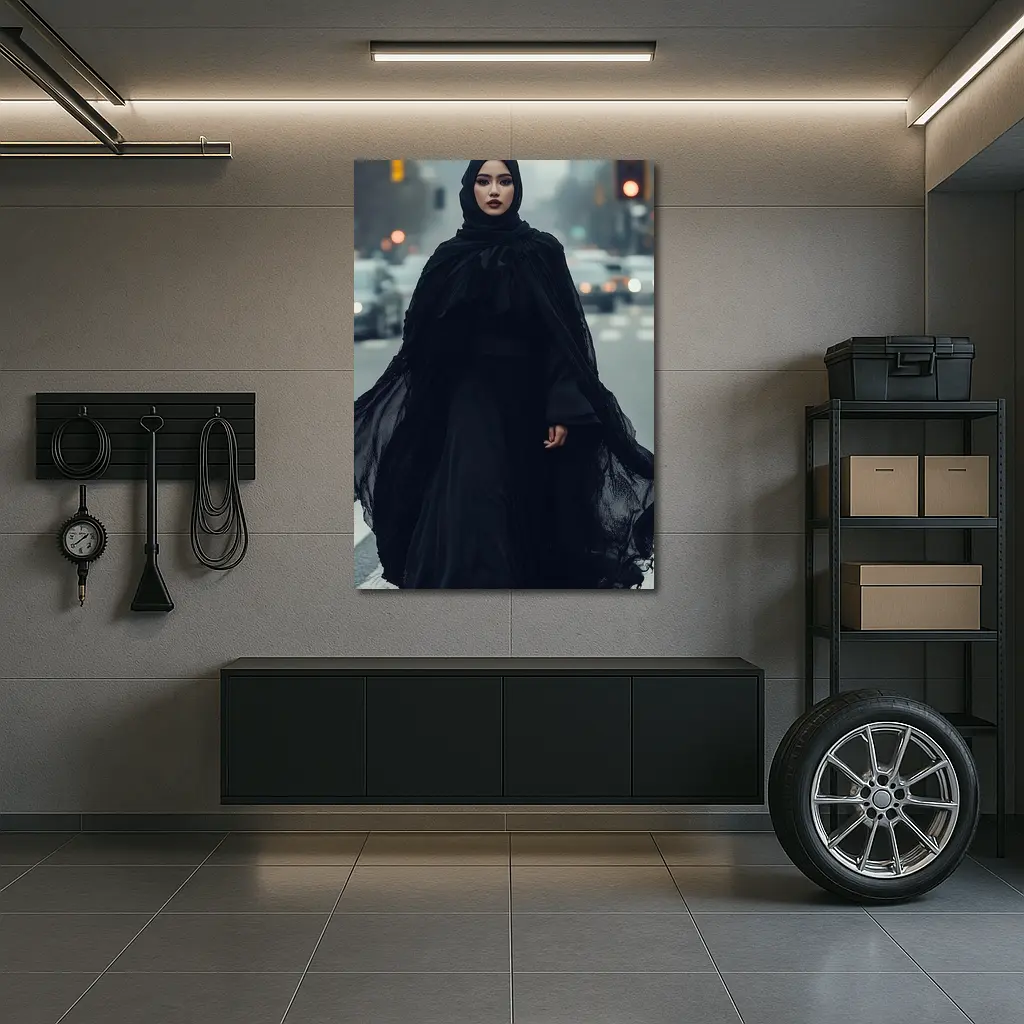 Woman Black Abaya Hijab Rainy City Street – Wall Art