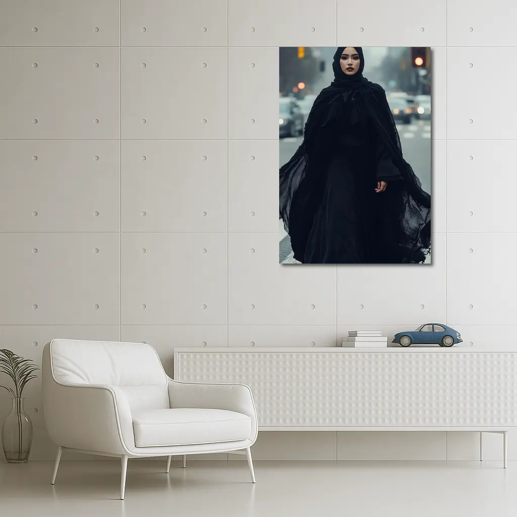 Woman Black Abaya Hijab Rainy City Street – Wall Art