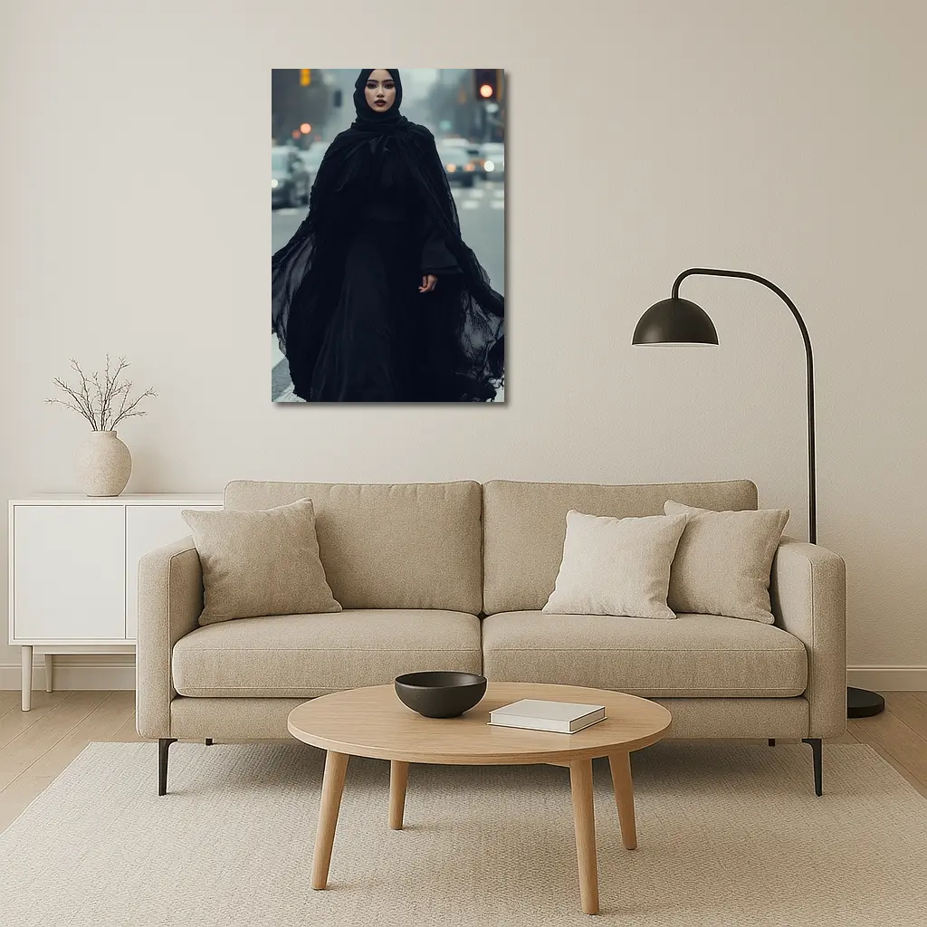 Woman Black Abaya Hijab Rainy City Street – Wall Art