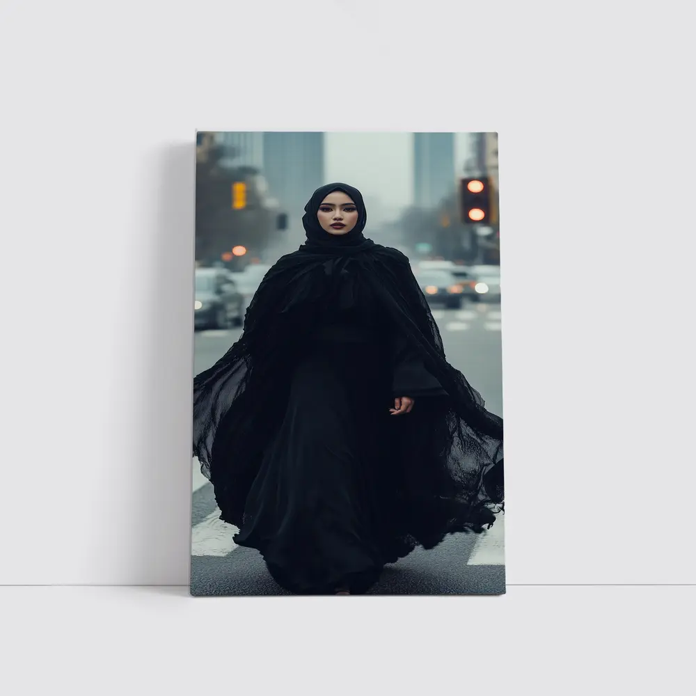 Woman Black Abaya Hijab Rainy City Street – Wall Art