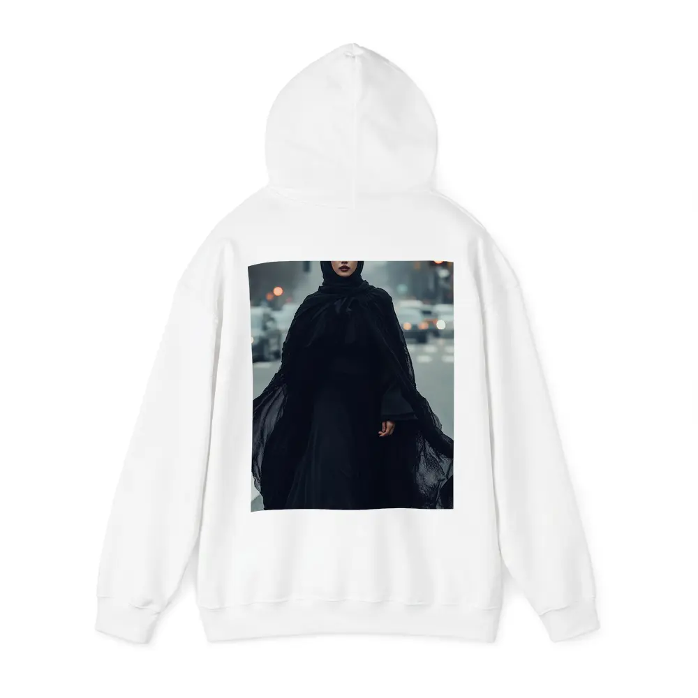 Woman Black Abaya Hijab Rainy City Street – Hoodies