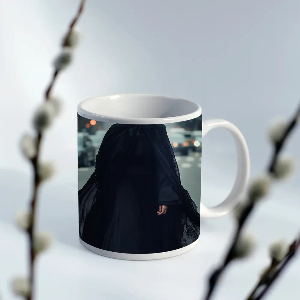 Woman Black Abaya Hijab Rainy City Street – Mugs