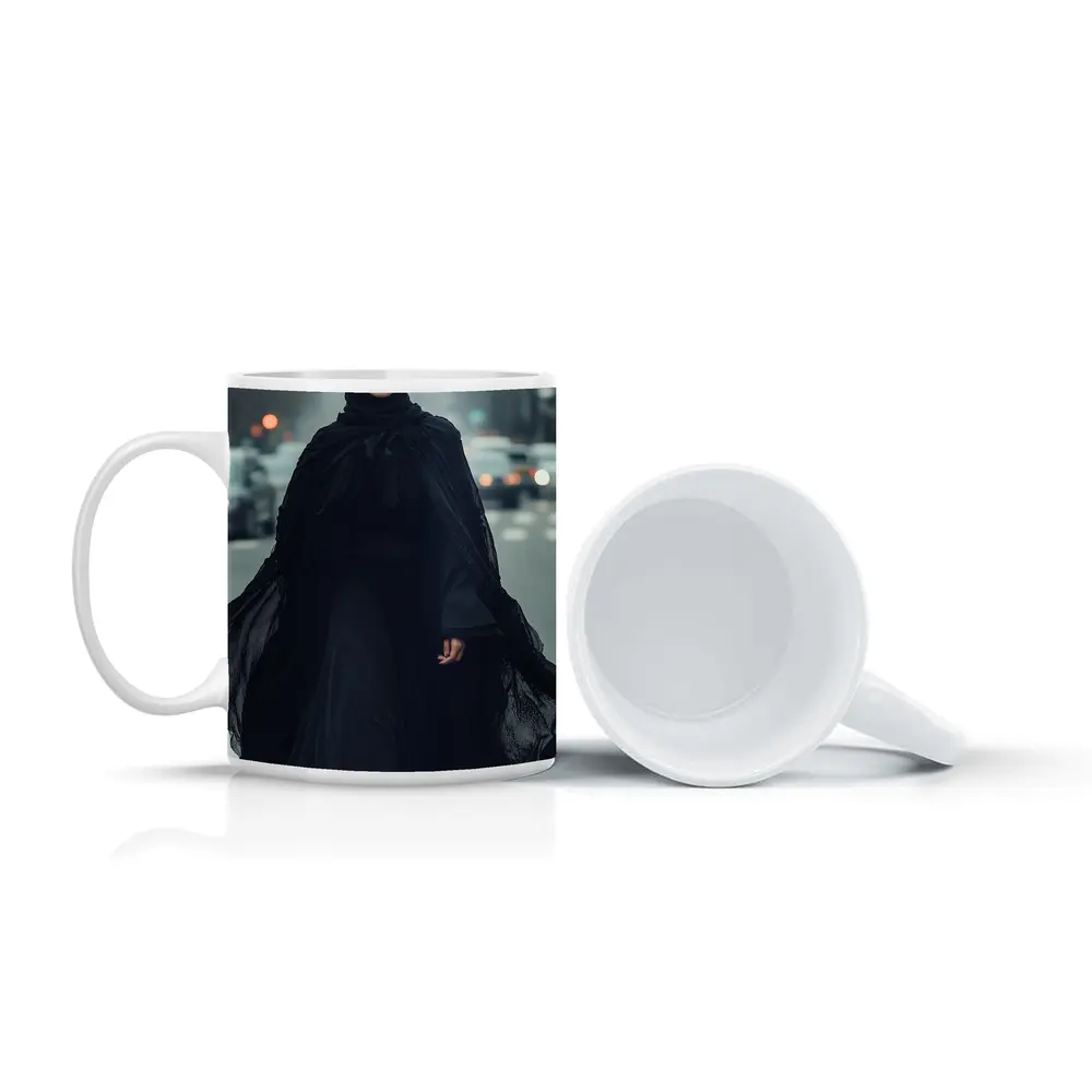 Woman Black Abaya Hijab Rainy City Street – Mugs