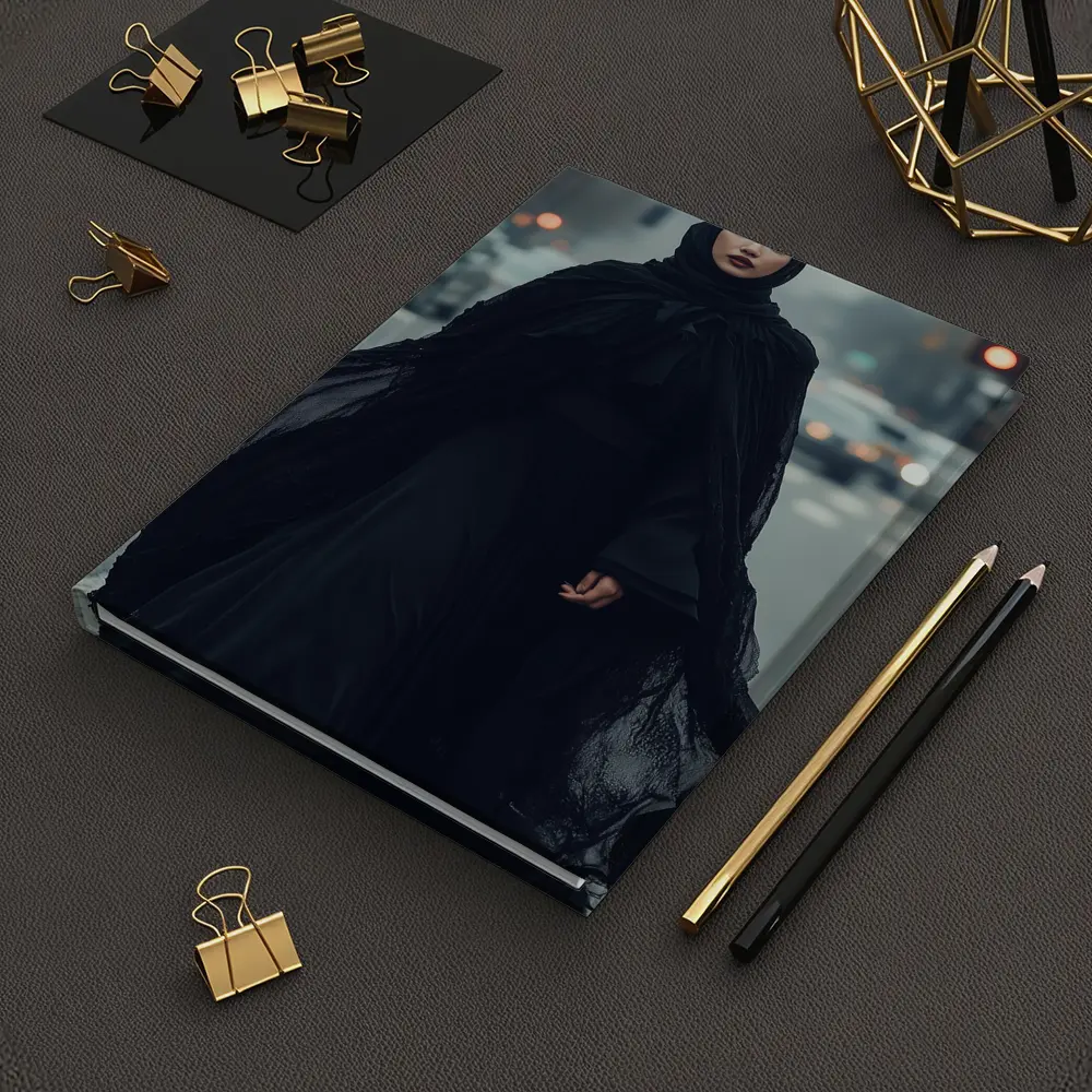 Woman Black Abaya Hijab Rainy City Street – Notebooks
