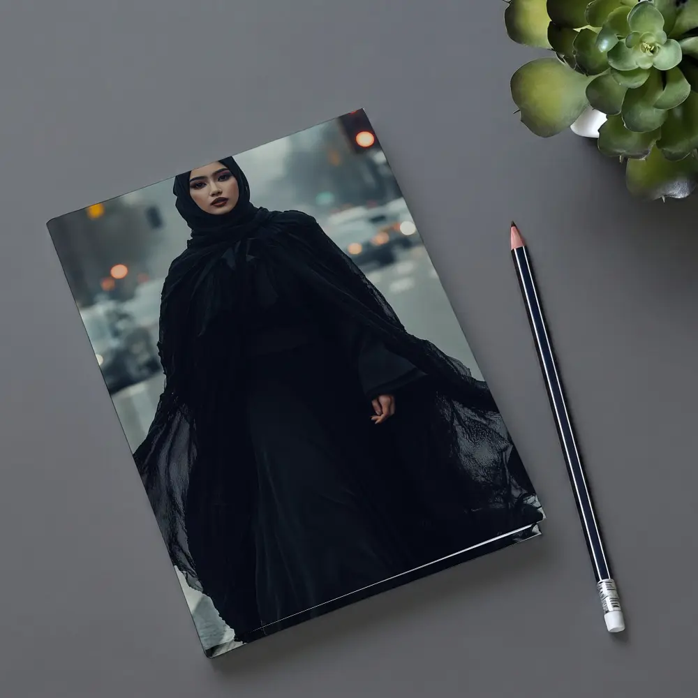 Woman Black Abaya Hijab Rainy City Street – Notebooks