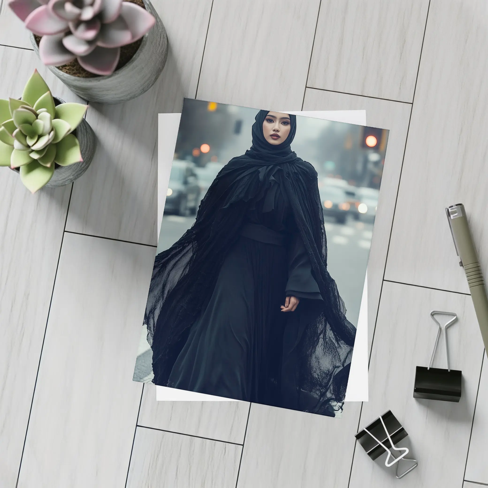 Woman Black Abaya Hijab Rainy City Street – Postcards