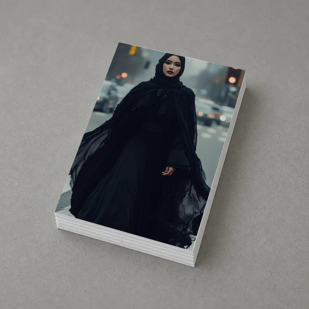 Woman Black Abaya Hijab Rainy City Street – Postcards