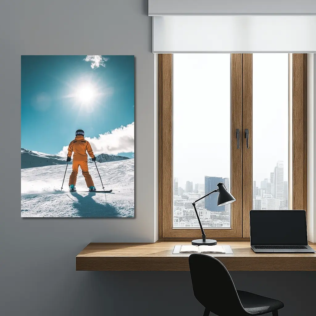 Skier In Orange Suit Sunny Snow Mountain – Wall Art