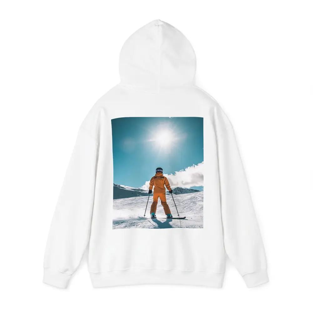 Skier In Orange Suit Sunny Snow Mountain – Hoodies