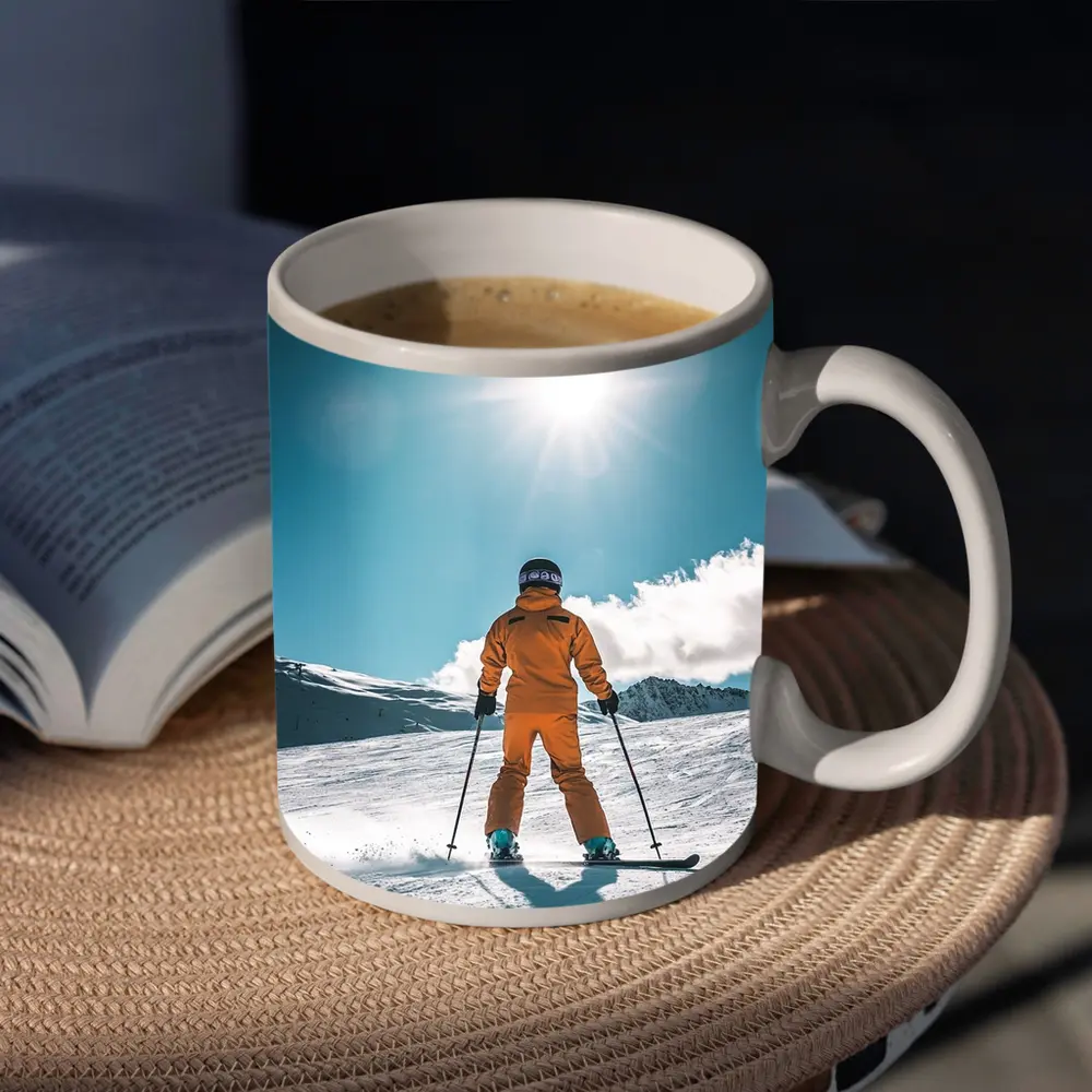 Skier In Orange Suit Sunny Snow Mountain – Mugs