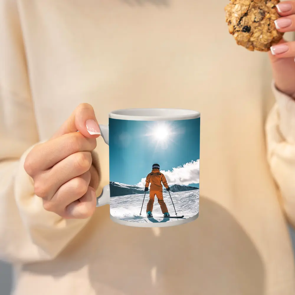 Skier In Orange Suit Sunny Snow Mountain – Mugs