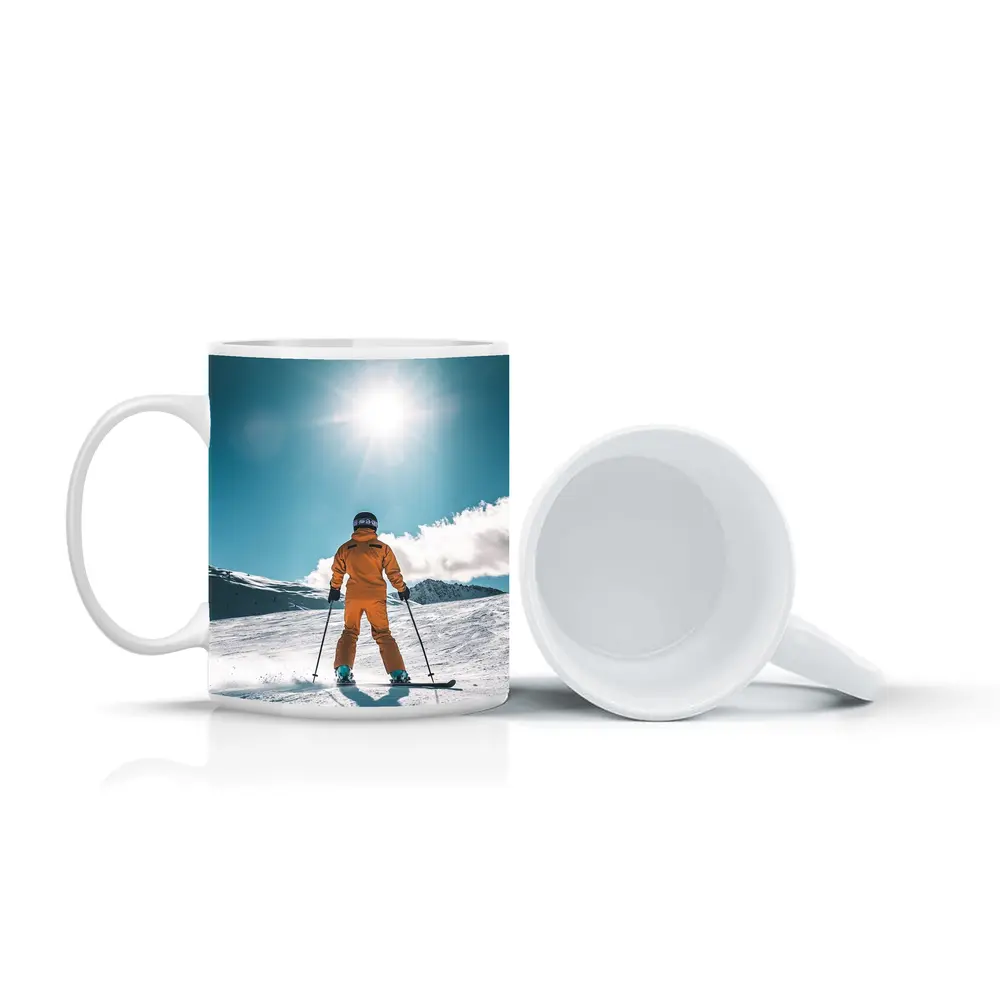 Skier In Orange Suit Sunny Snow Mountain – Mugs