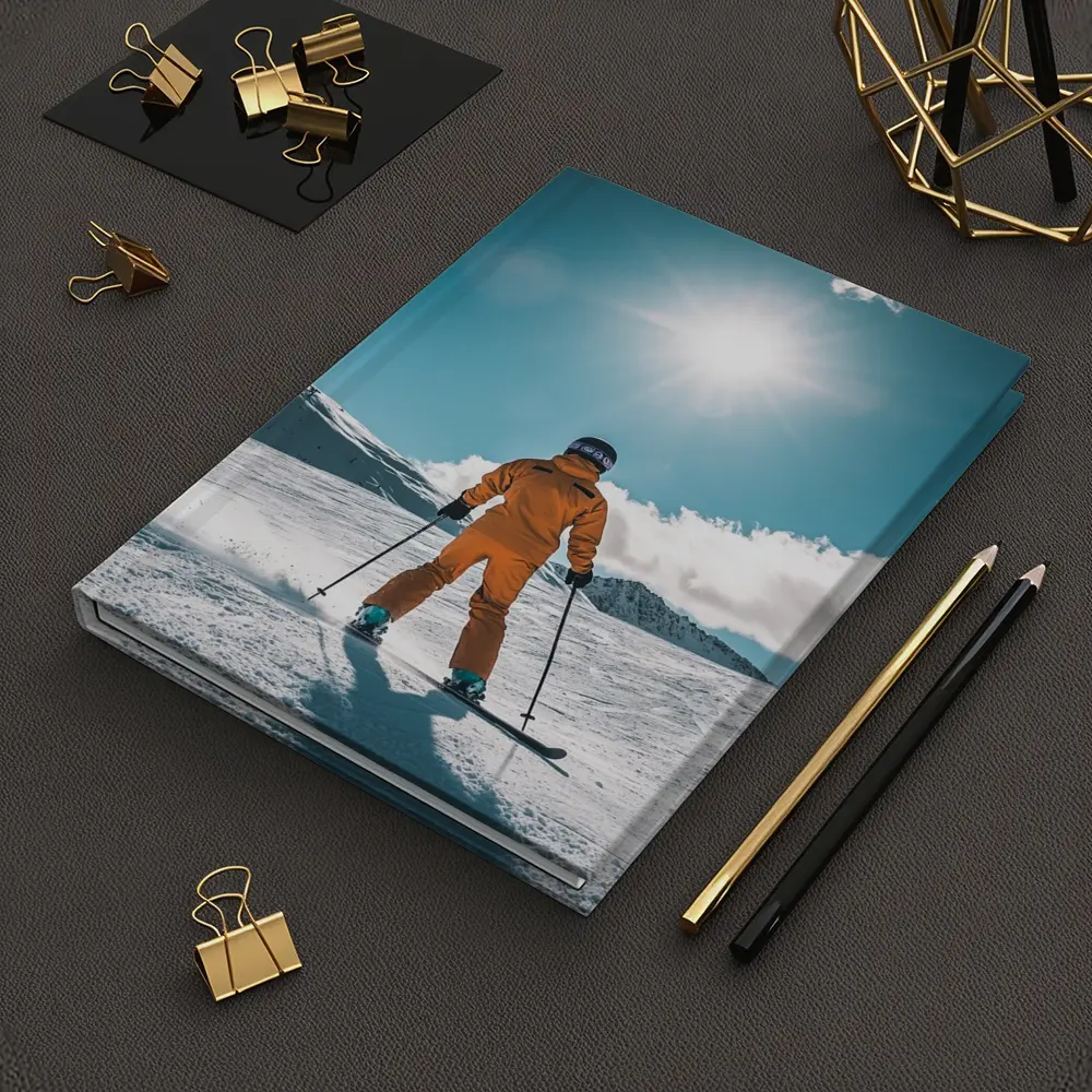 Skier In Orange Suit Sunny Snow Mountain – Notebooks