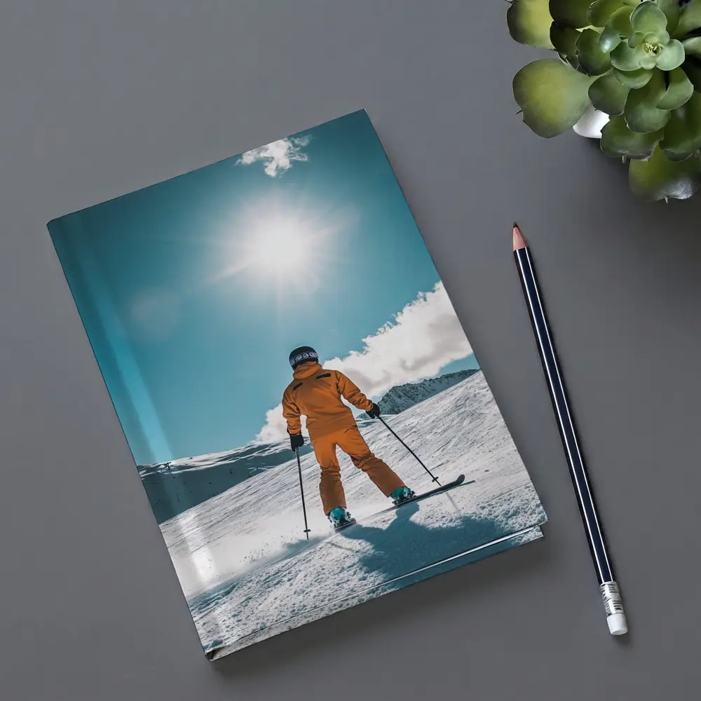 Skier In Orange Suit Sunny Snow Mountain – Notebooks