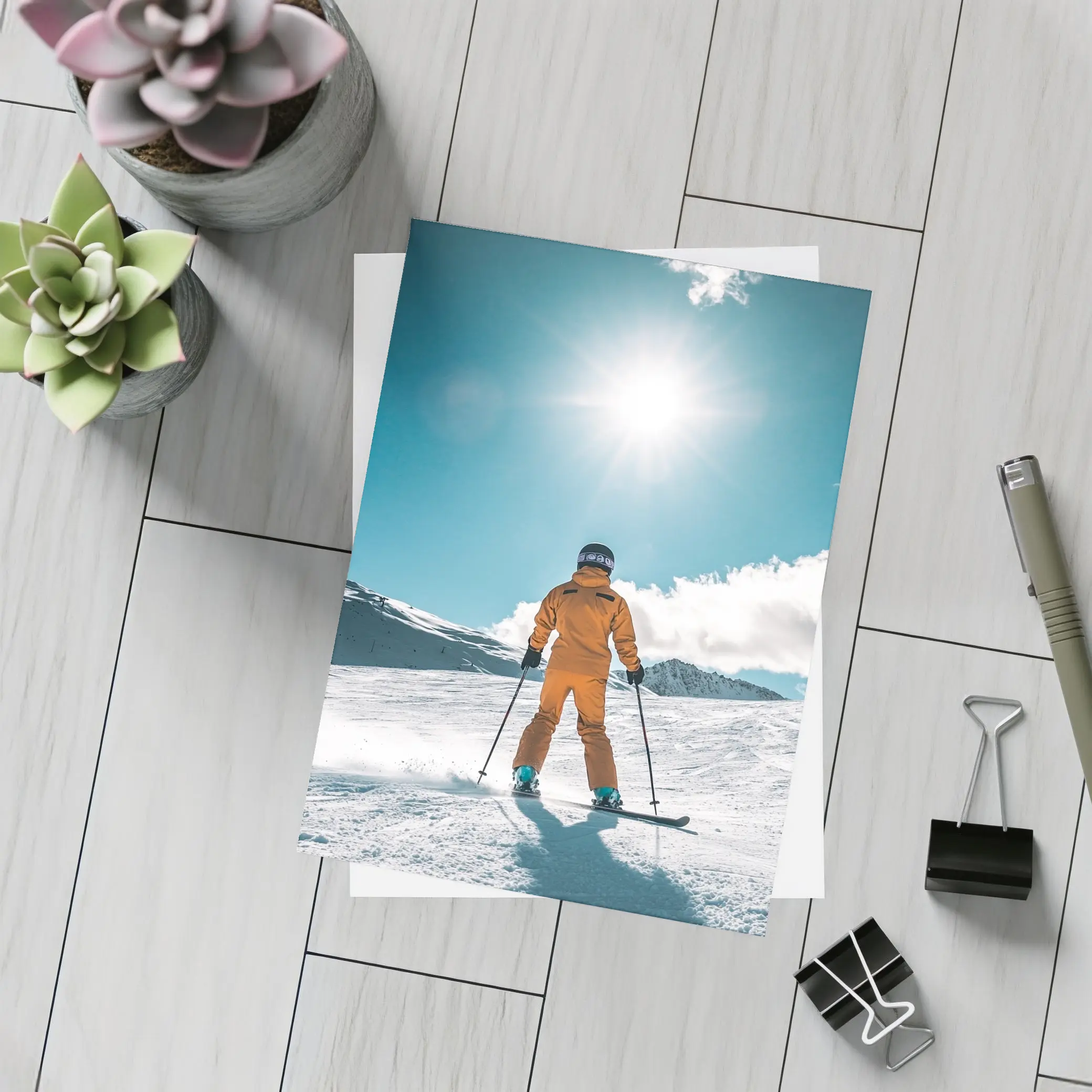 Skier In Orange Suit Sunny Snow Mountain – Postcards