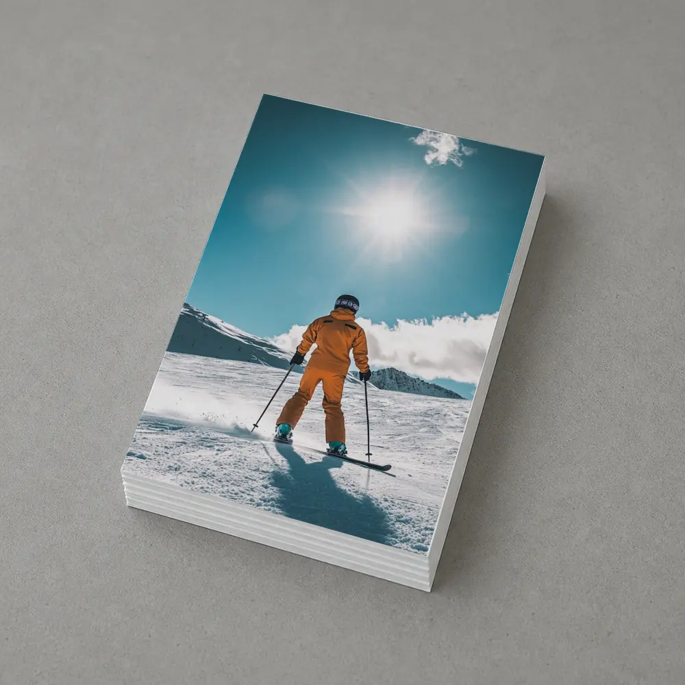 Skier In Orange Suit Sunny Snow Mountain – Postcards