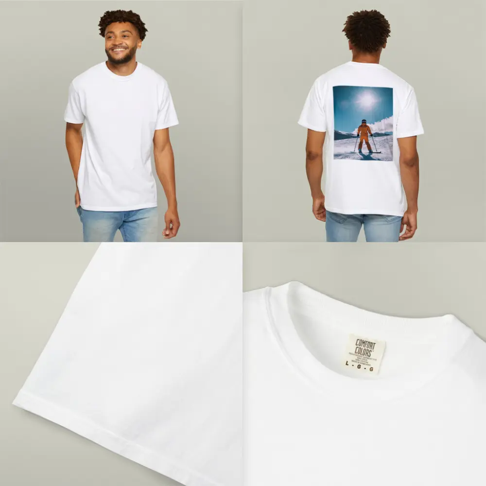 Skier In Orange Suit Sunny Snow Mountain – T-Shirts