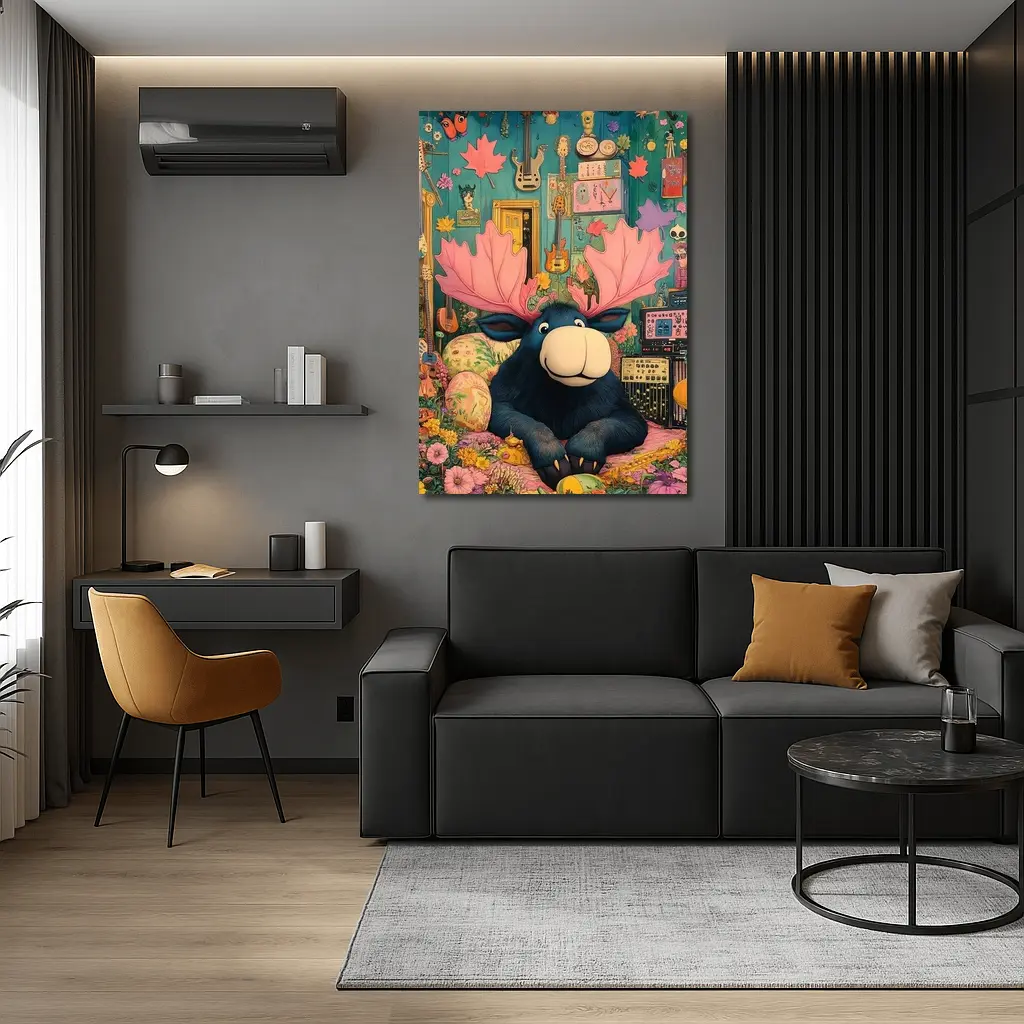 Cartoon Moose Pink Antlers Colorful Music Room – Wall Art