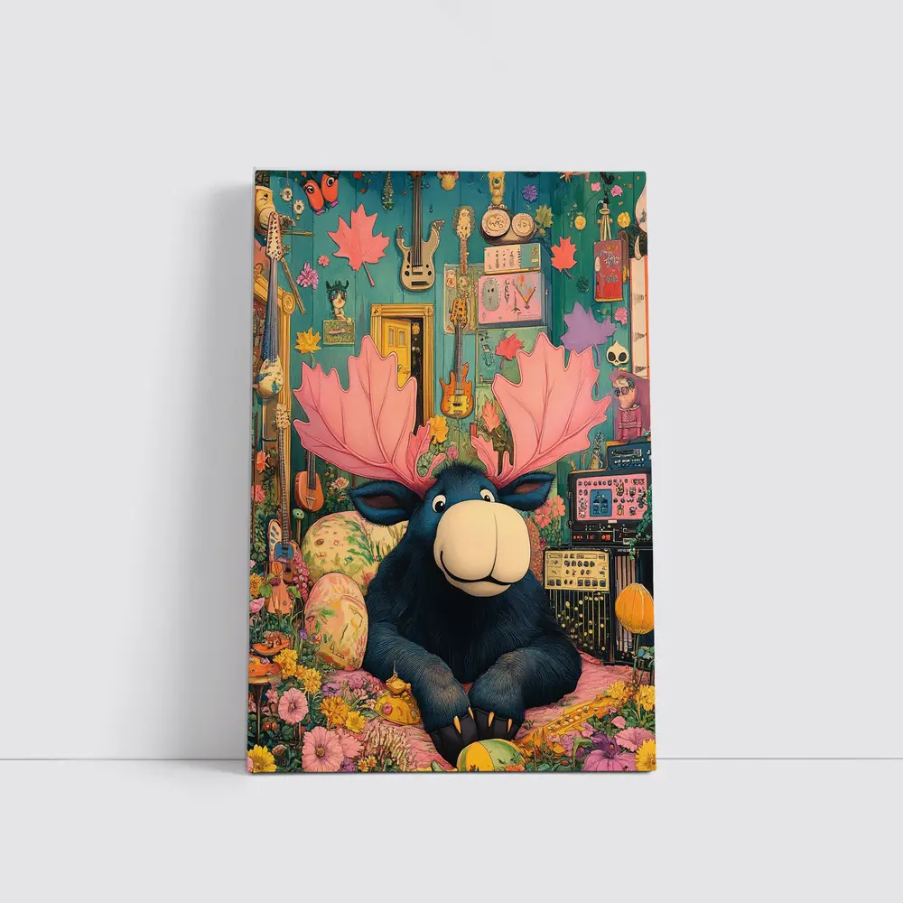 Cartoon Moose Pink Antlers Colorful Music Room – Wall Art