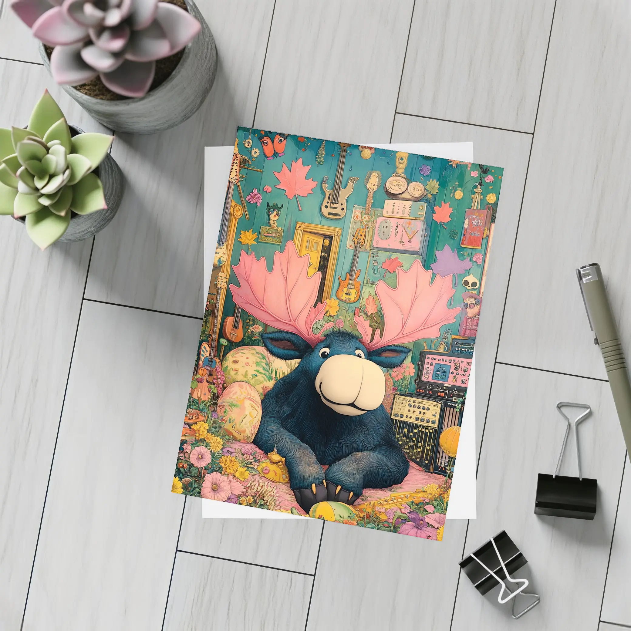Cartoon Moose Pink Antlers Colorful Music Room – Postcards