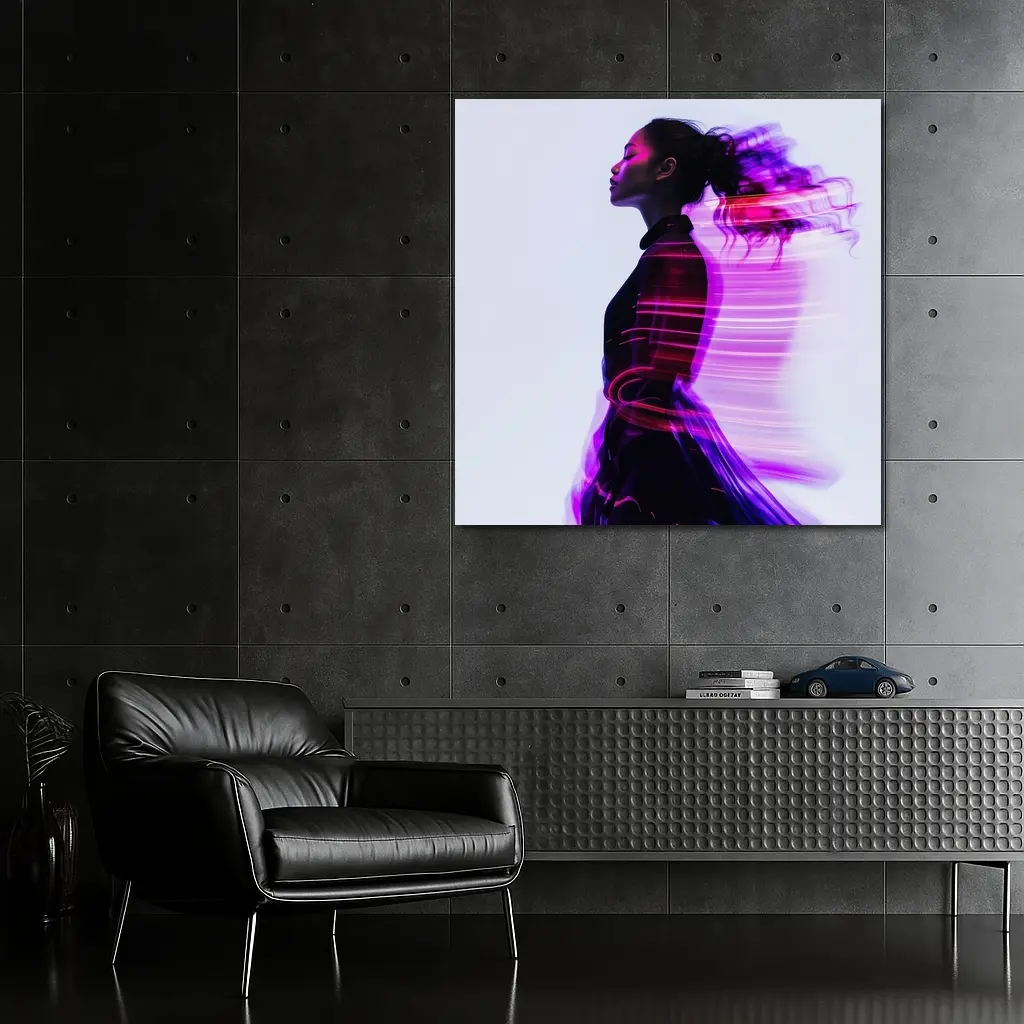 Woman Figure Neon Purple Light Motion Art – Wall Art
