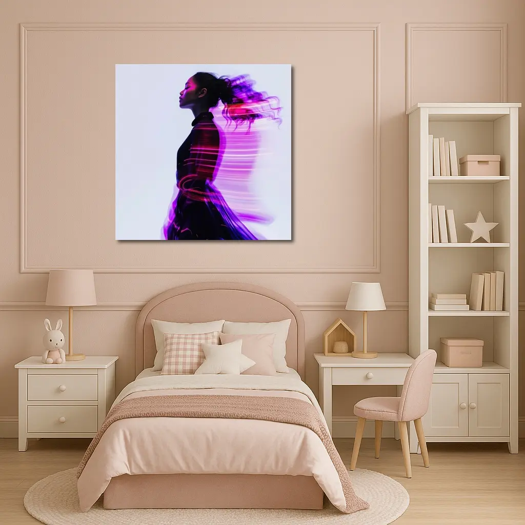 Woman Figure Neon Purple Light Motion Art – Wall Art