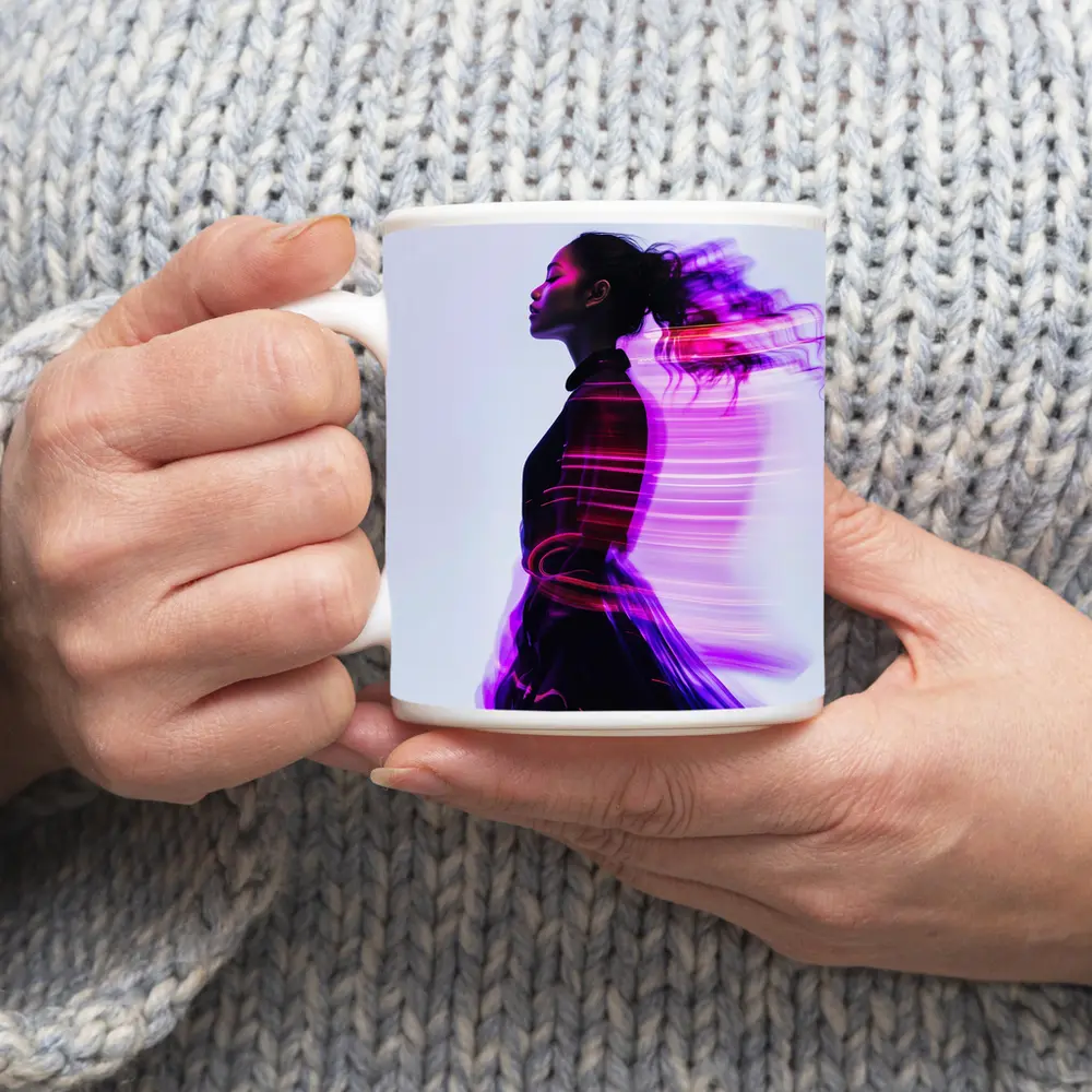 Woman Figure Neon Purple Light Motion Art – Mugs