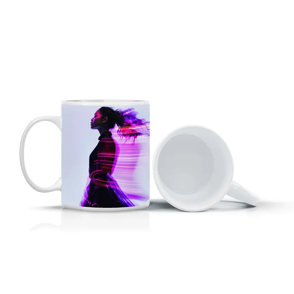 Woman Figure Neon Purple Light Motion Art – Mugs