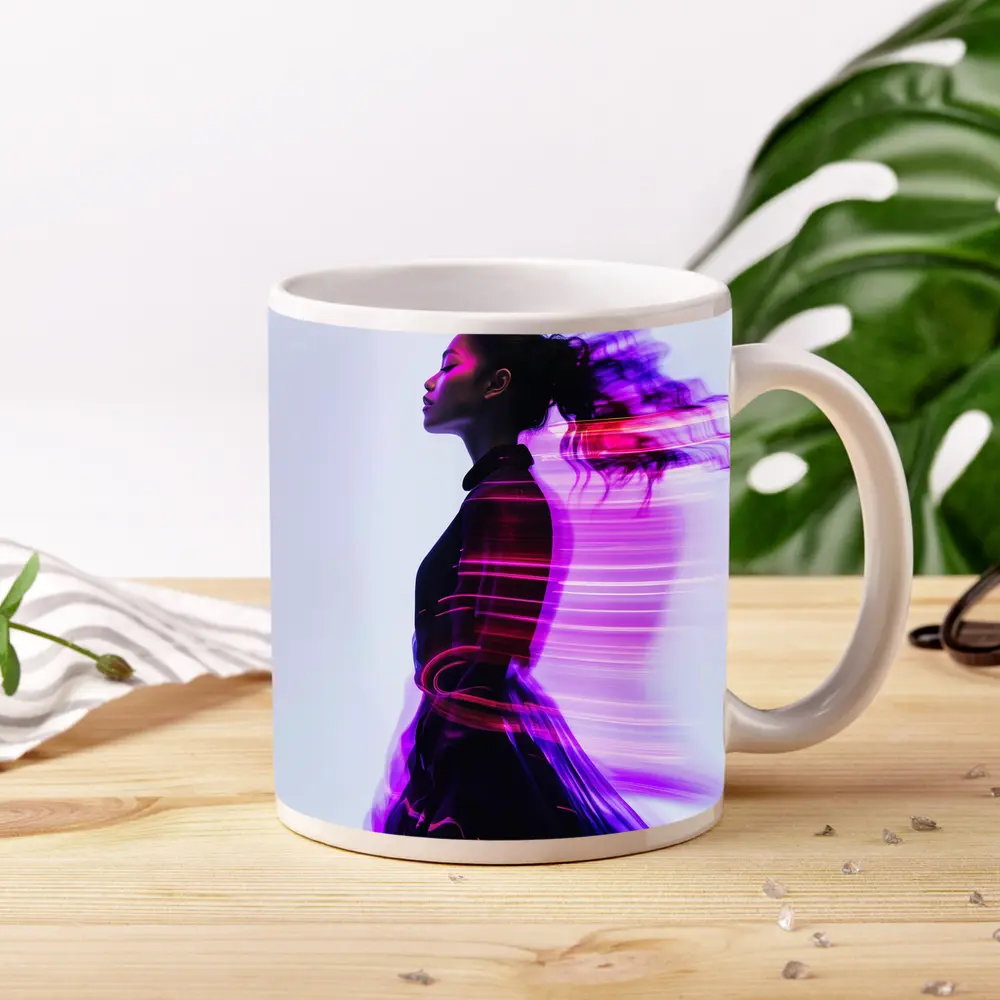 Woman Figure Neon Purple Light Motion Art – Mugs
