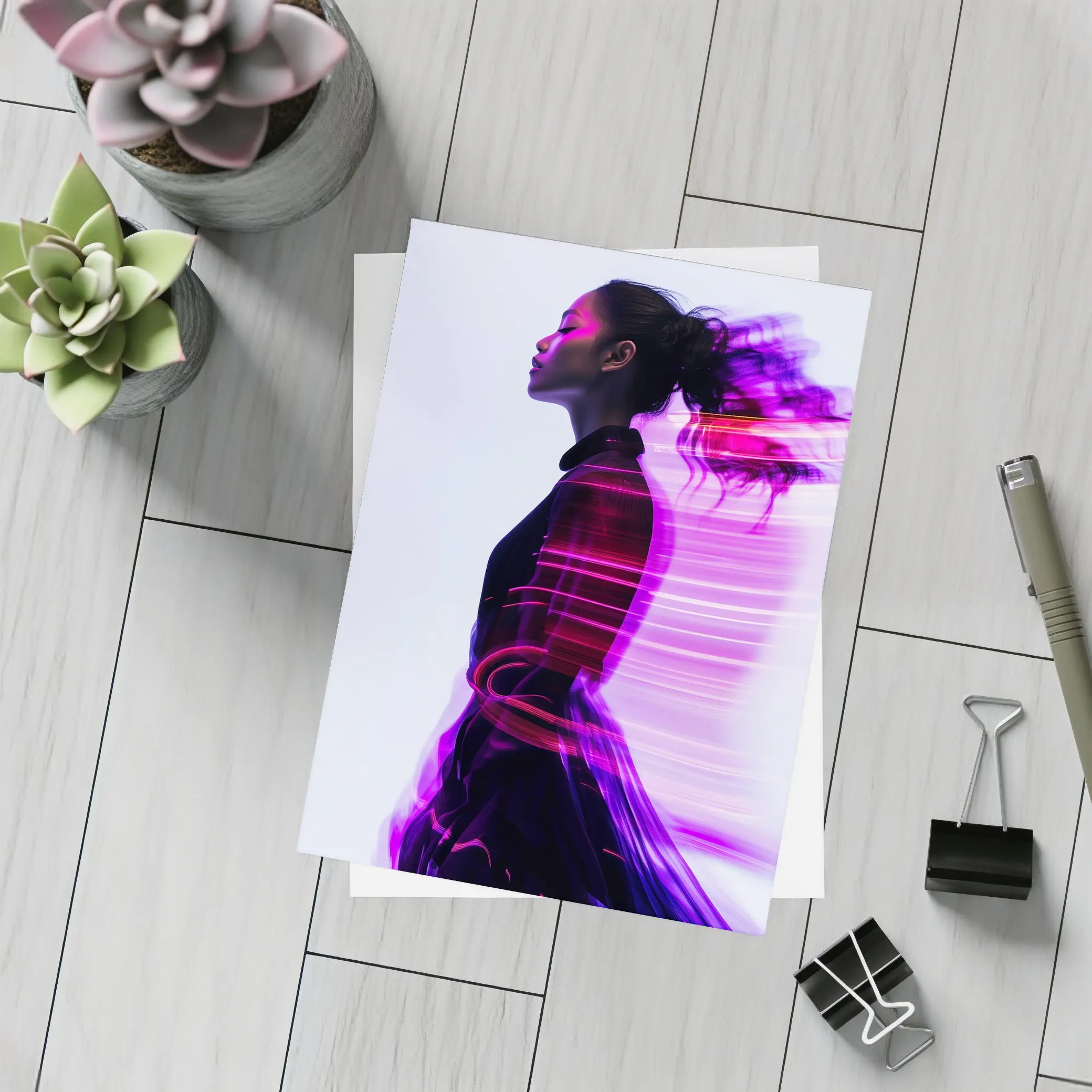 Woman Figure Neon Purple Light Motion Art – Postcards