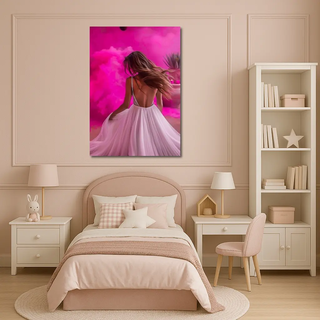 Woman White Dress Pink Smoke Background – Wall Art