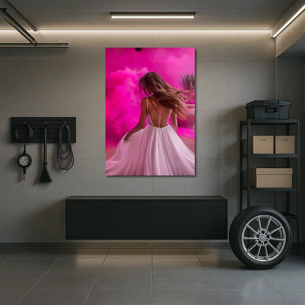 Woman White Dress Pink Smoke Background – Wall Art