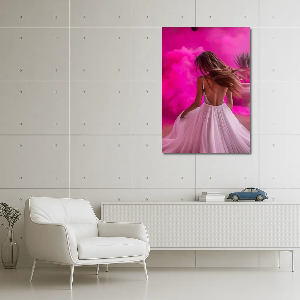 Woman White Dress Pink Smoke Background – Wall Art