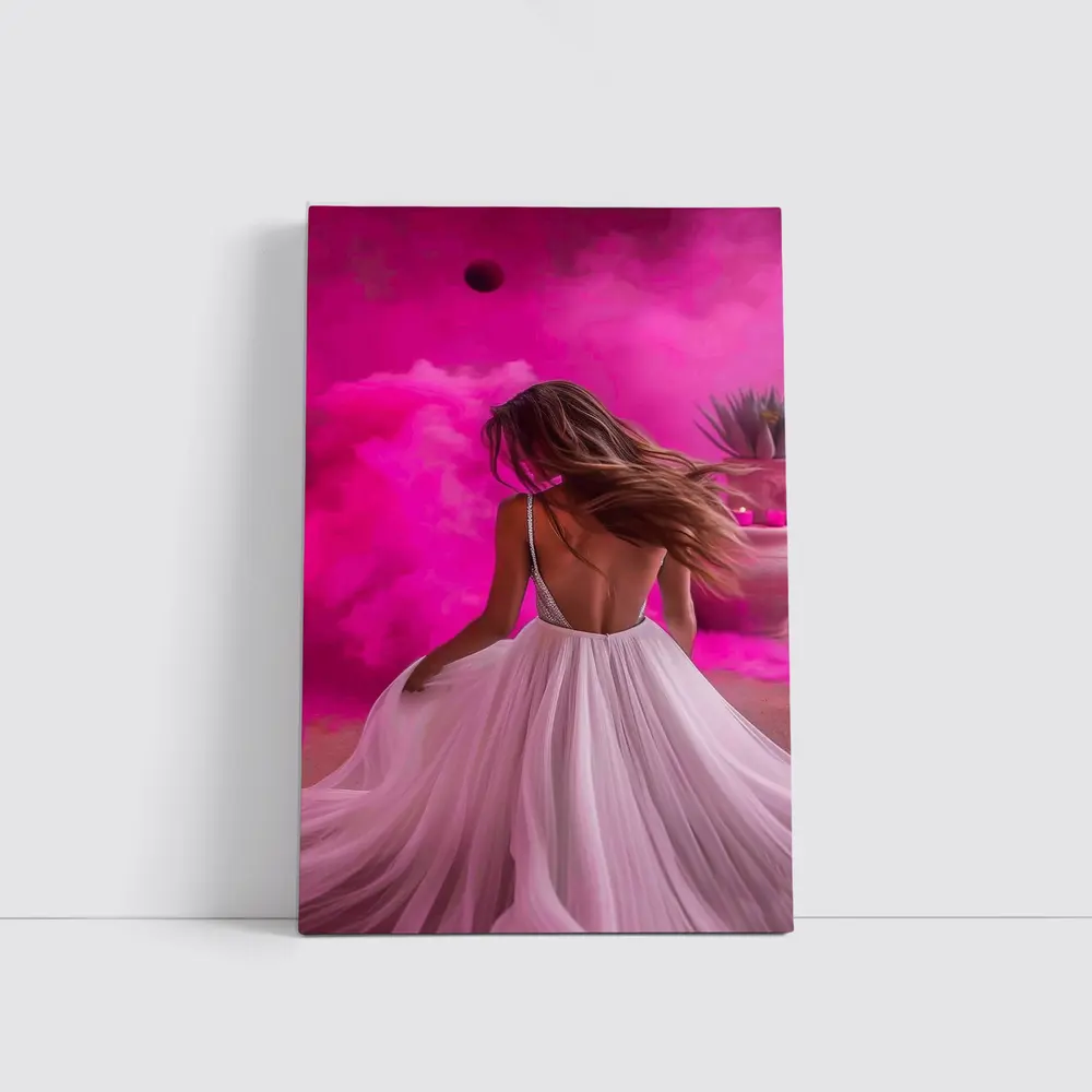 Woman White Dress Pink Smoke Background – Wall Art