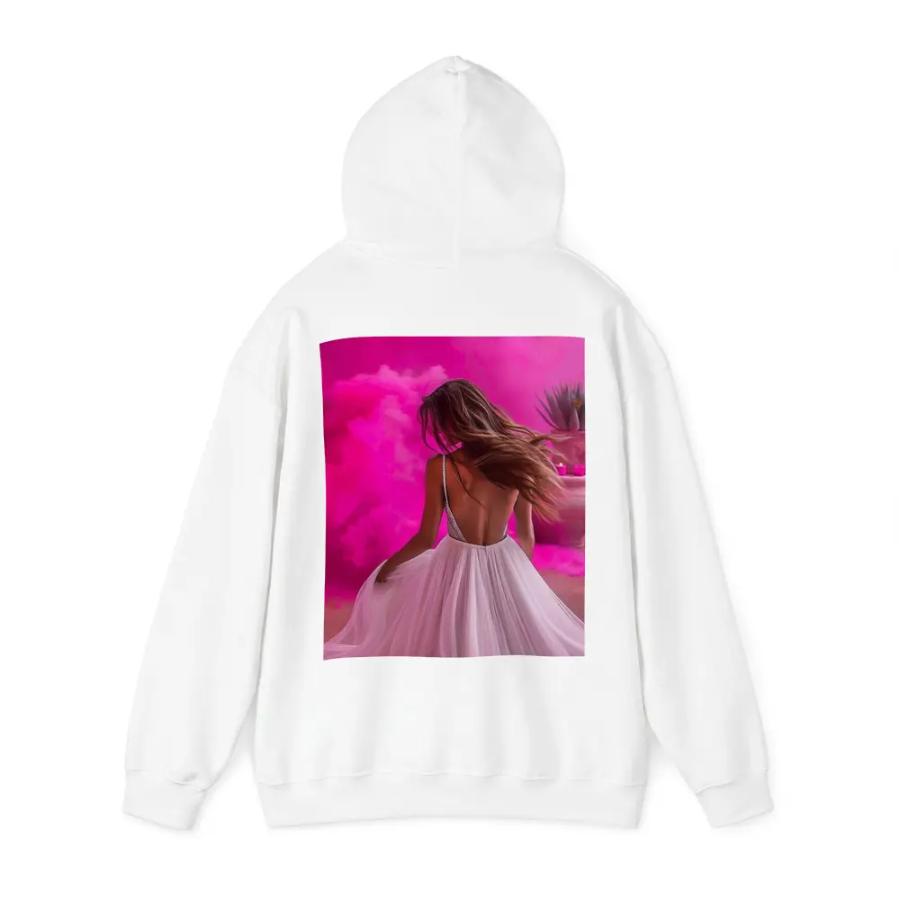 Woman White Dress Pink Smoke Background – Hoodies