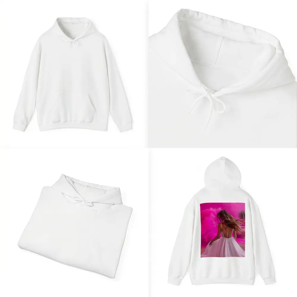 Woman White Dress Pink Smoke Background – Hoodies