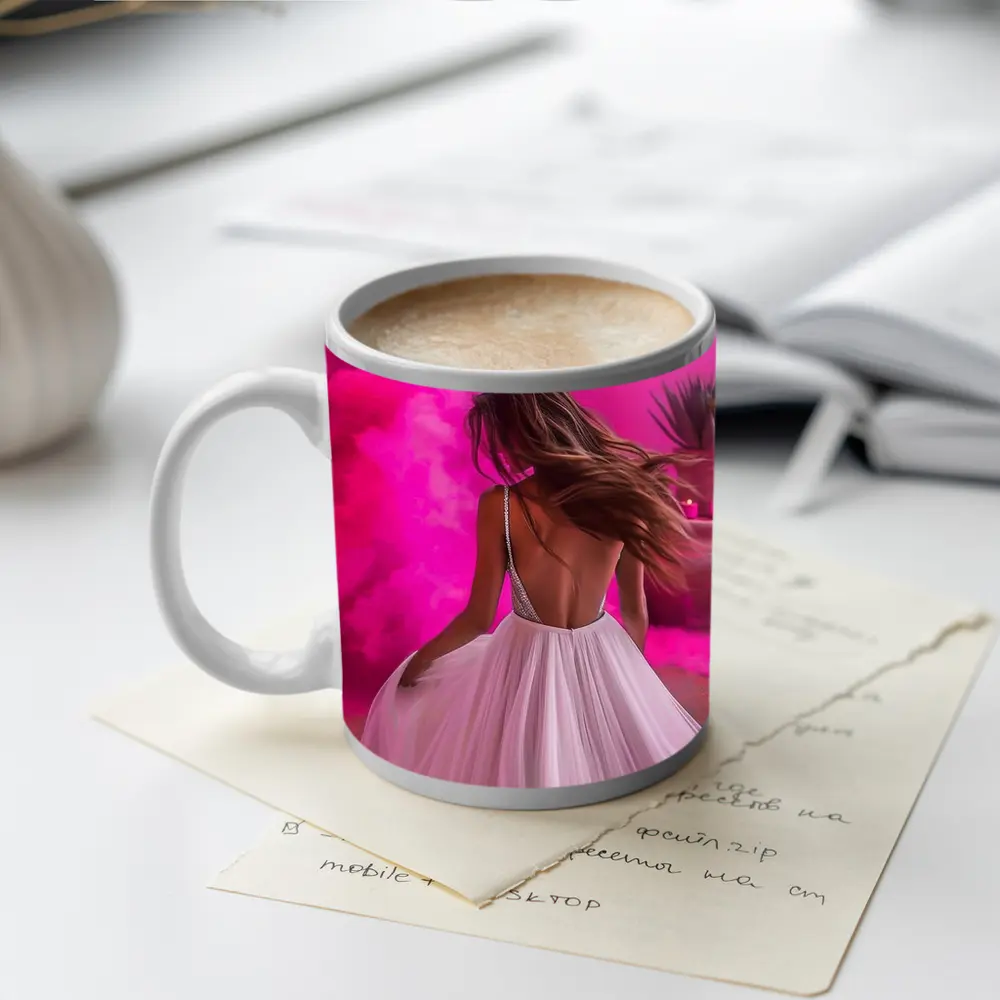 Woman White Dress Pink Smoke Background – Mugs
