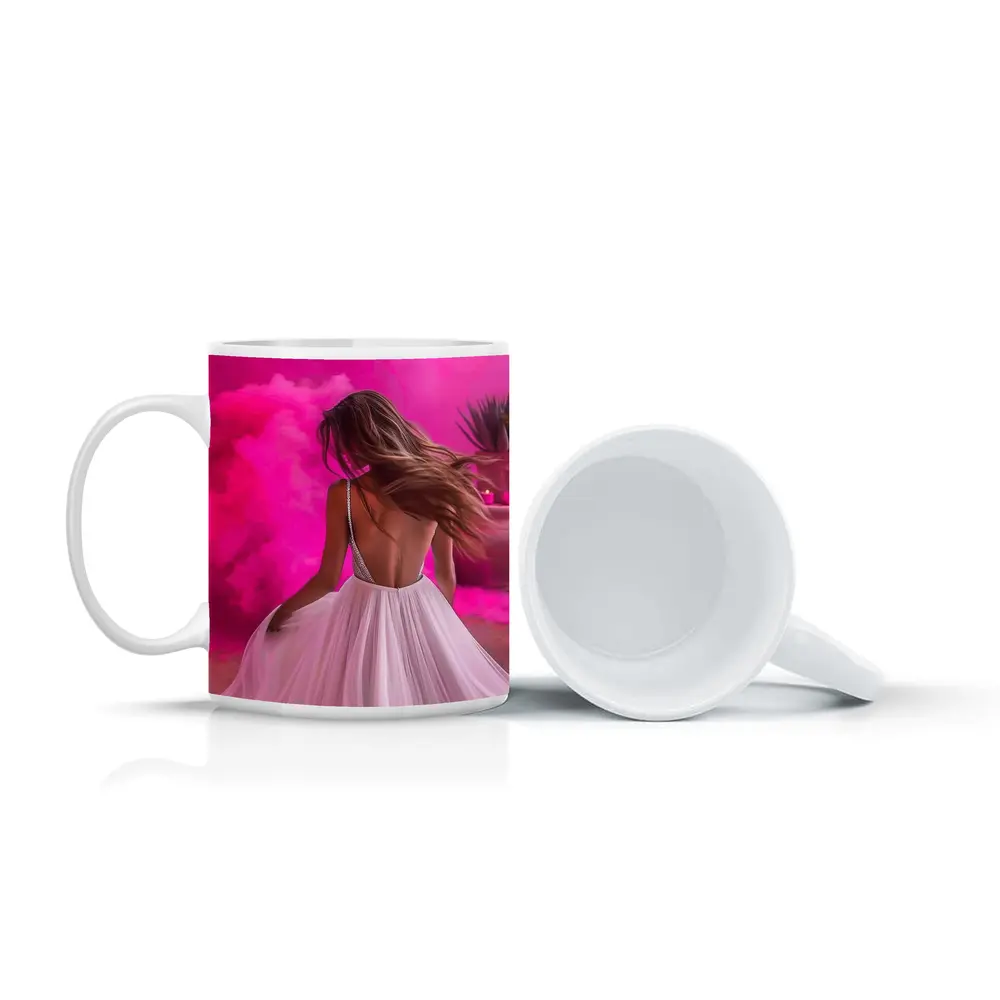 Woman White Dress Pink Smoke Background – Mugs