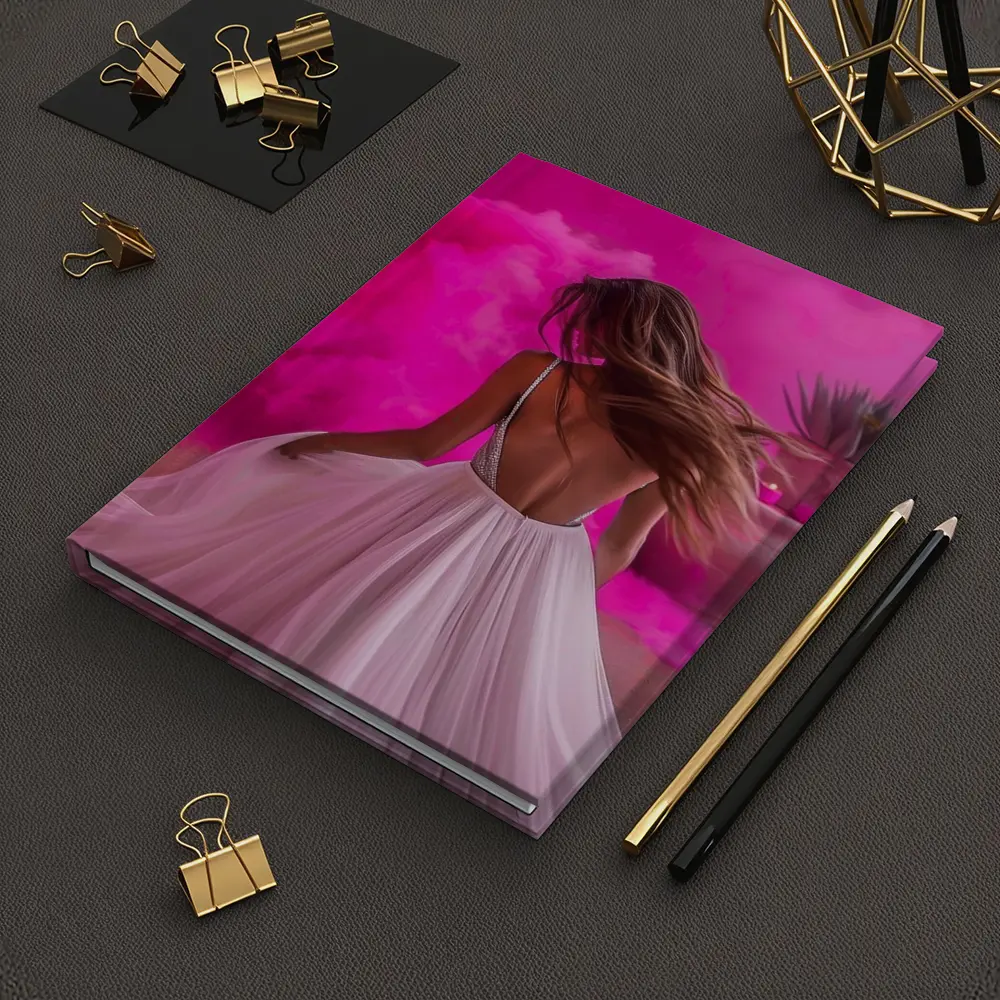 Woman White Dress Pink Smoke Background – Notebooks