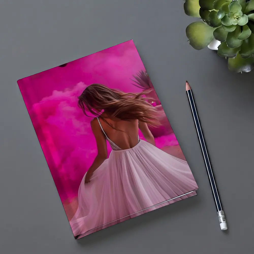 Woman White Dress Pink Smoke Background – Notebooks