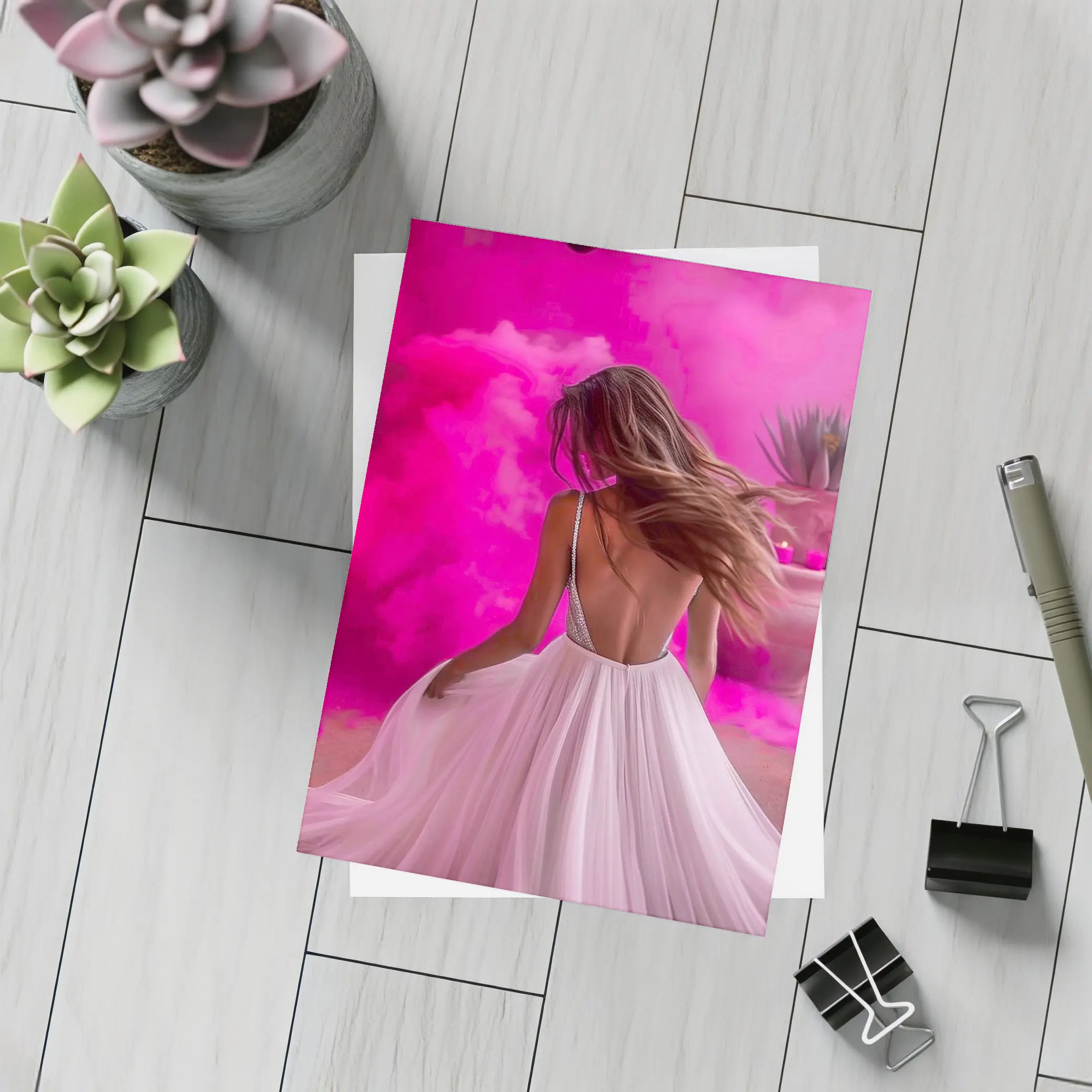 Woman White Dress Pink Smoke Background – Postcards