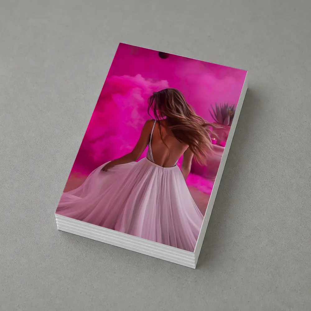 Woman White Dress Pink Smoke Background – Postcards