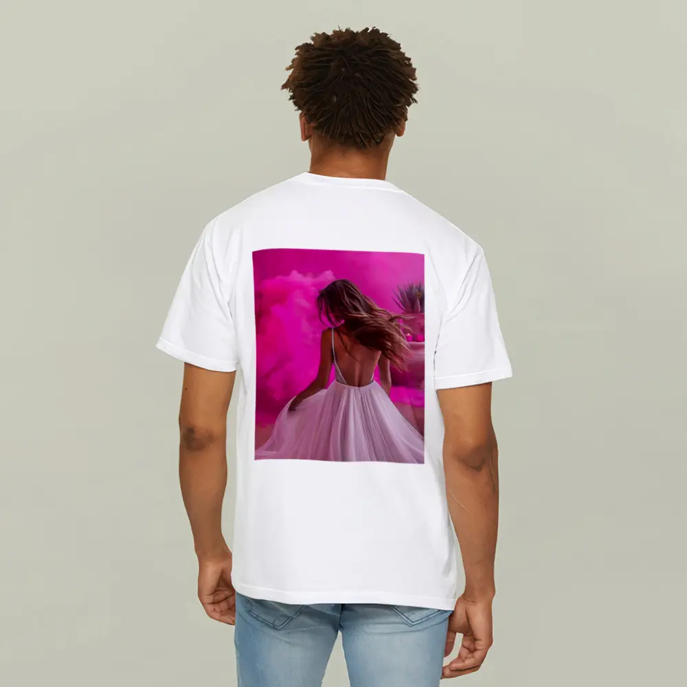 Woman White Dress Pink Smoke Background – T-Shirts