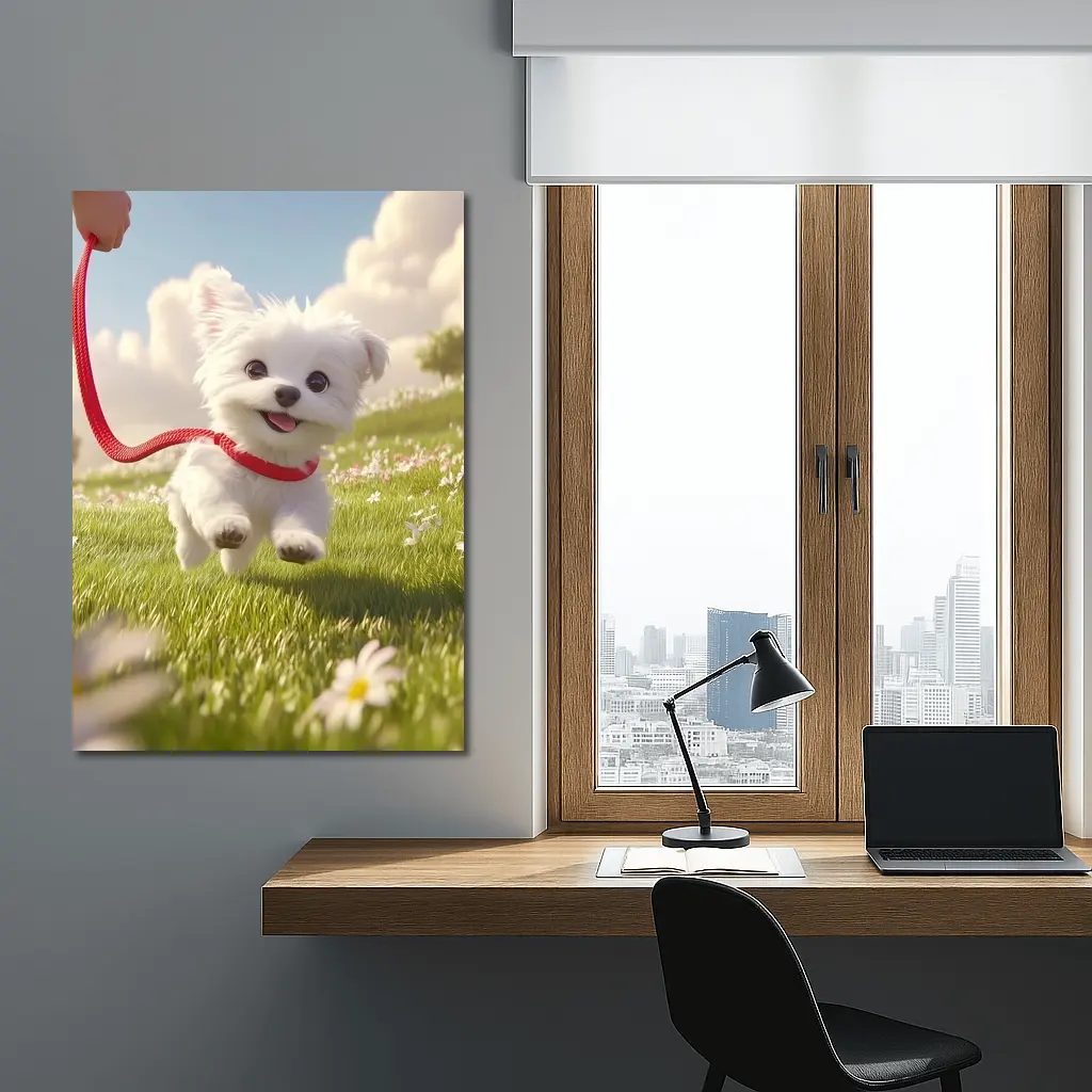 White Maltese Puppy Running Green Field – Wall Art