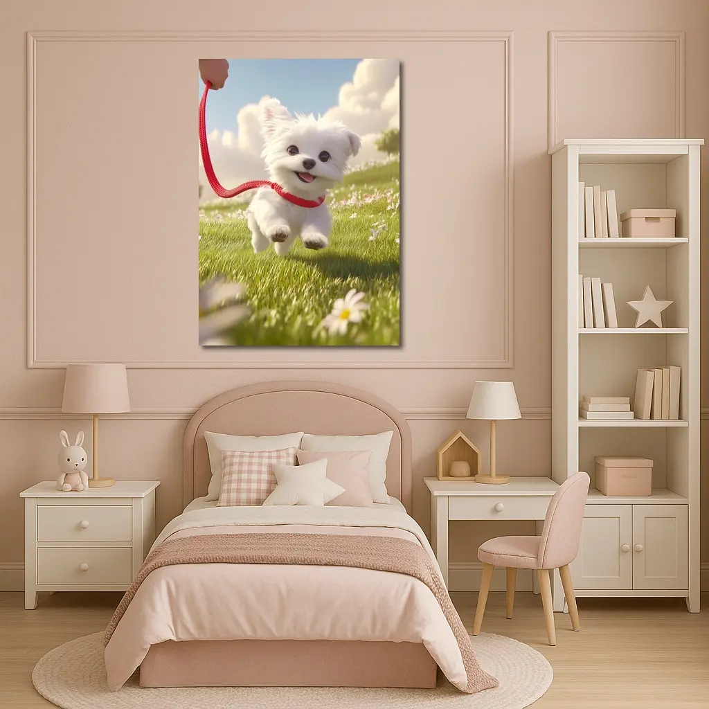 White Maltese Puppy Running Green Field – Wall Art