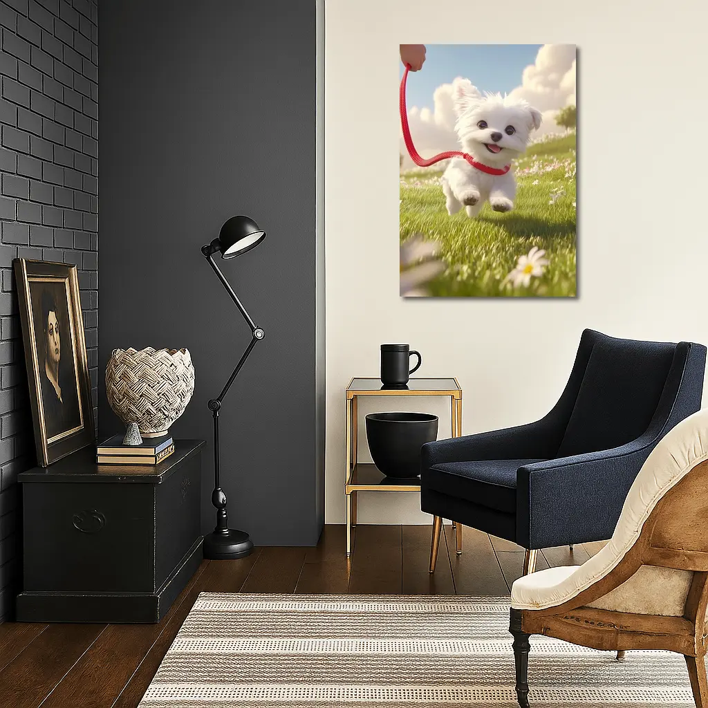 White Maltese Puppy Running Green Field – Wall Art
